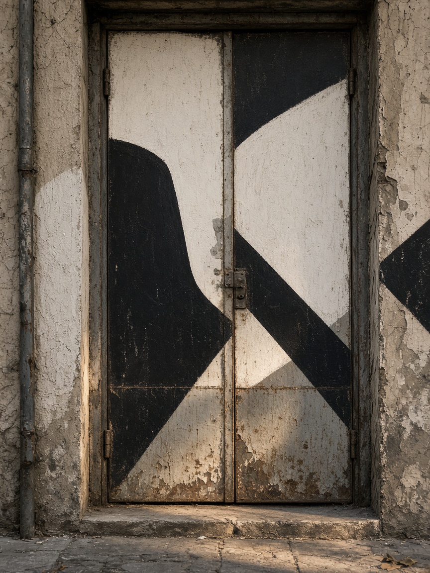 Minimal mural painted around a metal doorway