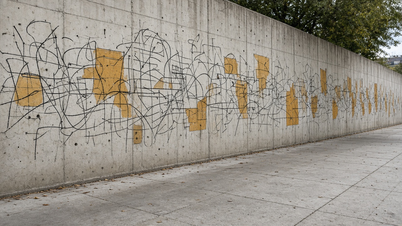 A long concrete wall with abstract black line drawings